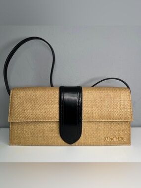 Jacquemus Beige Raffia Shoulder Bag with Black Leather Trim